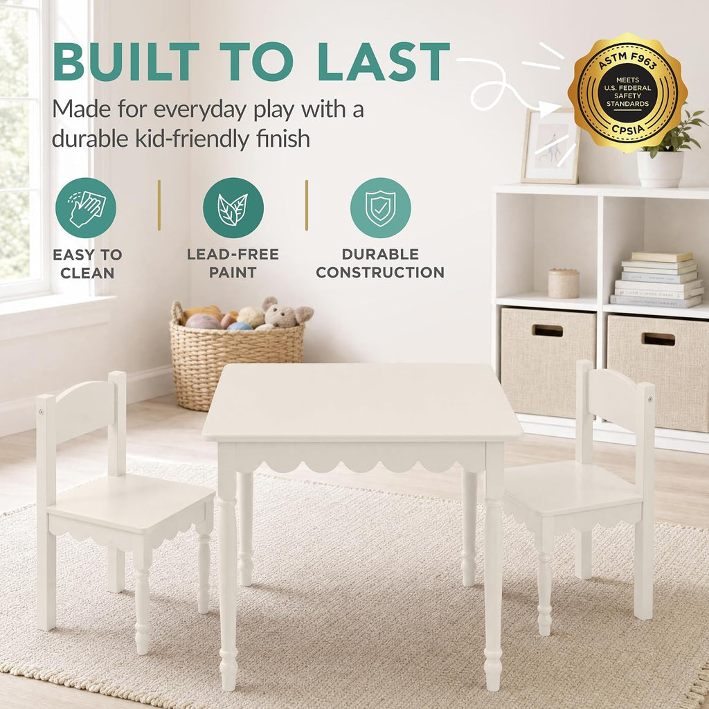Kids Table and Chair Set for Toddlers, Solid Wood Activity Table and Chairs, Scalloped Edge Design, Sturdy 100 lb