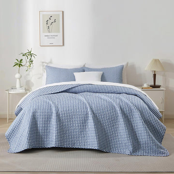 Blue Gingham Quilt Bedding Set, Vintage Plaid Grid Bedspread Checkered Pattern Lightweight Comforter for
