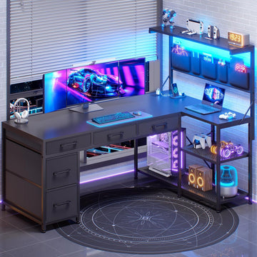 L Shaped Gaming Desk, 47.2" Reversible Small Computer Desk with 5 Drawers and Storage Shelves, Corner Gaming Desk