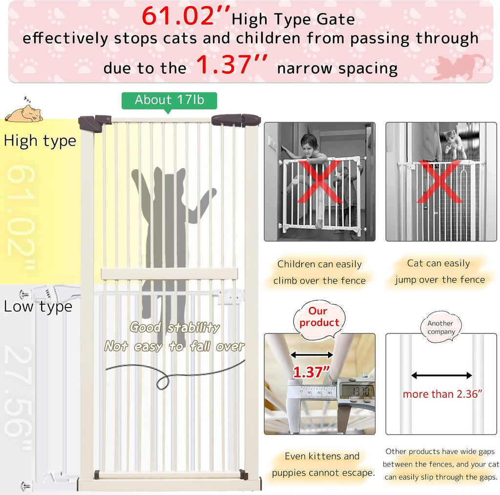 61.02" Extra Tall Pet Gate for Cat Dog 26.38"-30.11" Wide Cream