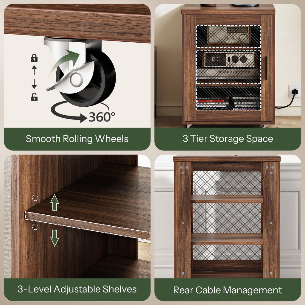 Media Cabinet with Charging Station, Stereo Cabinet with Wheels, Audio-Video Media Stand with Adjustable Shelves and