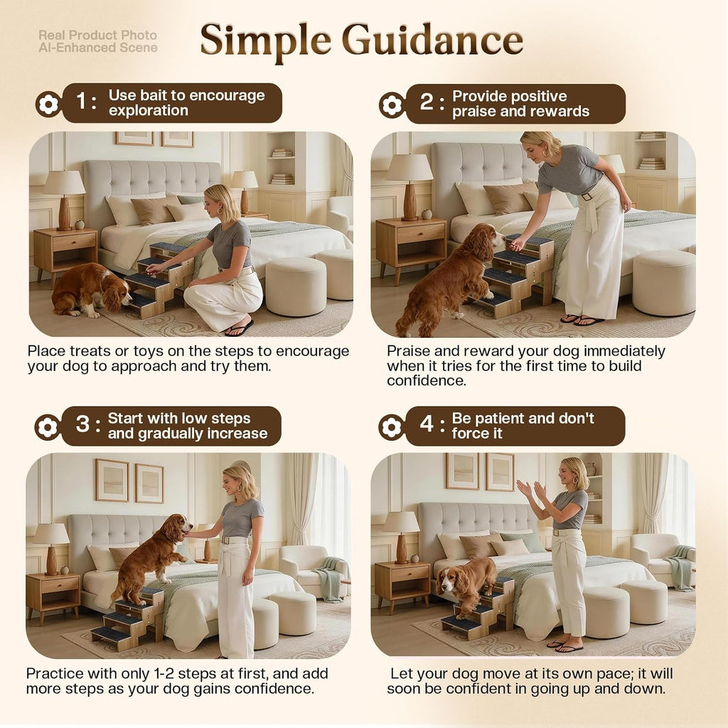 4-Step Wooden Dog Steps for Bed, Anti-Slip Dog Stairs with Carpet Pads, 23.6 Inches Pet Ramp for Dogs to Get on Bed