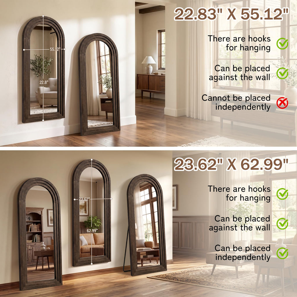 Arched full length mirror, solid wood frame, 55x23in walnut