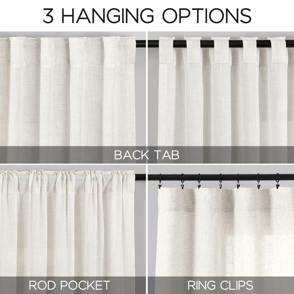 Extra Long 112 Inch Long Beige White Linen Curtains Back Tab Neutral Farmhouse Light Filtering Semi Transparent Large