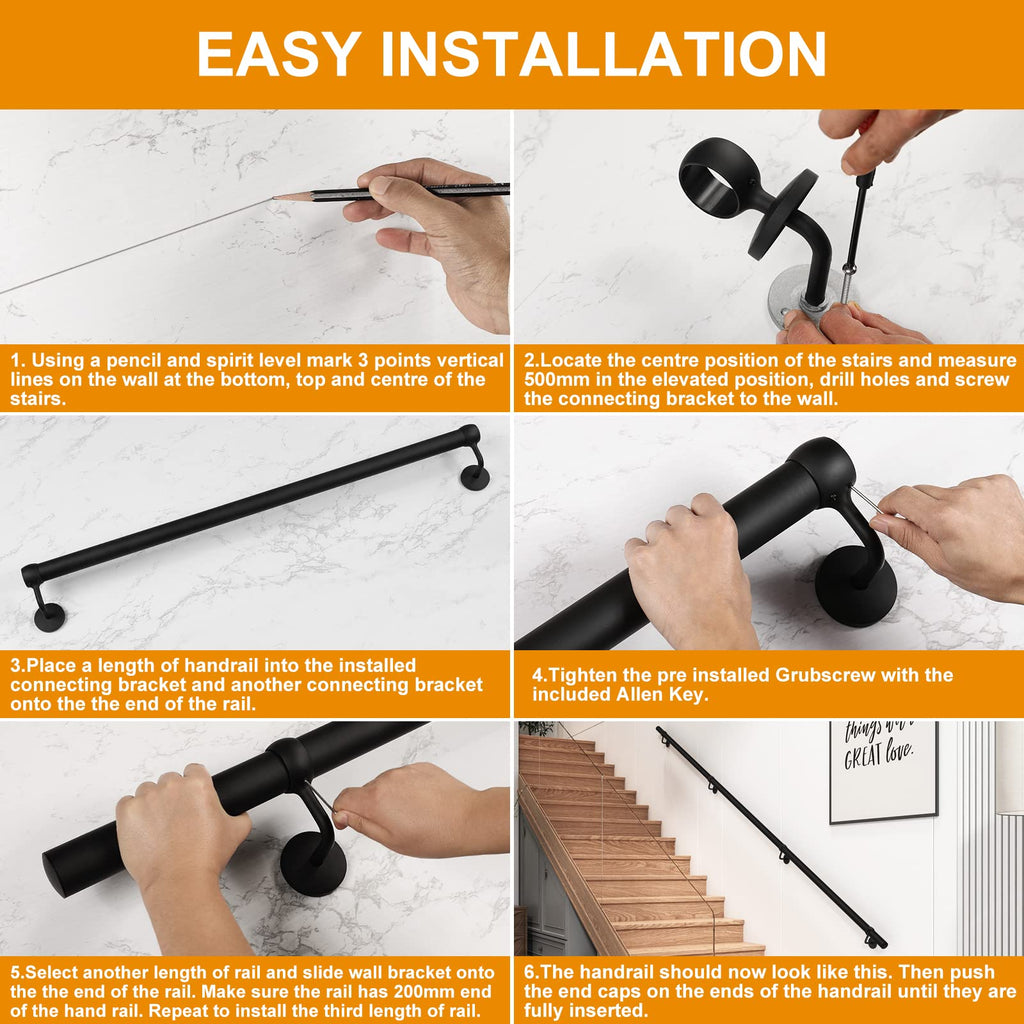 9.8 FT ADA Industrial Handrails for Indoor Stairs: Metal Staircase Handrails Wall Mount Stair Handrail 1.6" Sturdy