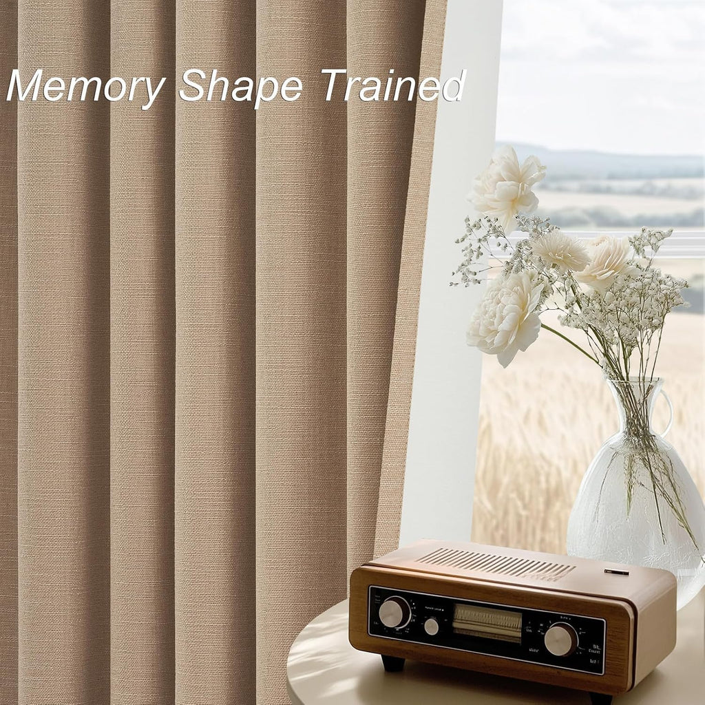 Light Taupe Blackout Textured 90 Inch Long Linen Blend Curtain Draperies Pinch Pleat Back Tab with Hooks Energy