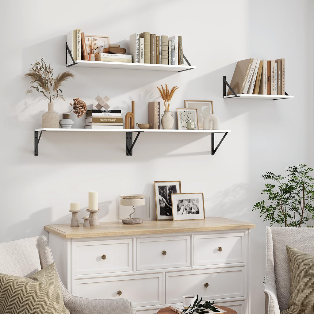 White Deep Floating Shelves for Wall, 24W x 8D Wood Wall Shelves Set of 2, Wide Floating Bookshelf and Decor Storage