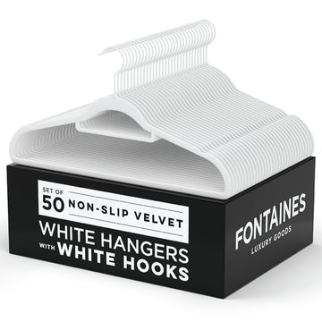 Luxury White Velvet Felt Non Slip Clothes Hangers 50 Pack - Ultra Slim & Space Saving - Heavy Duty Swivel Hook for
