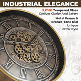 24 Inch Antique Bronze Industrial Steampunk Wall Clock with Real Moving Gears, Metal Oversized Gear Clock with Tempered Glass, Silent...