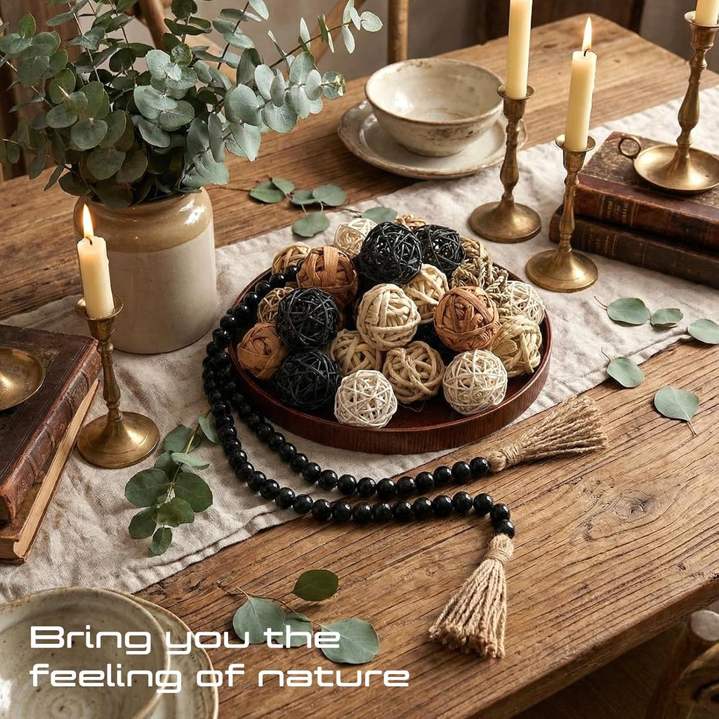 Wicker Rattan Decorative Balls, Black - Set of 31