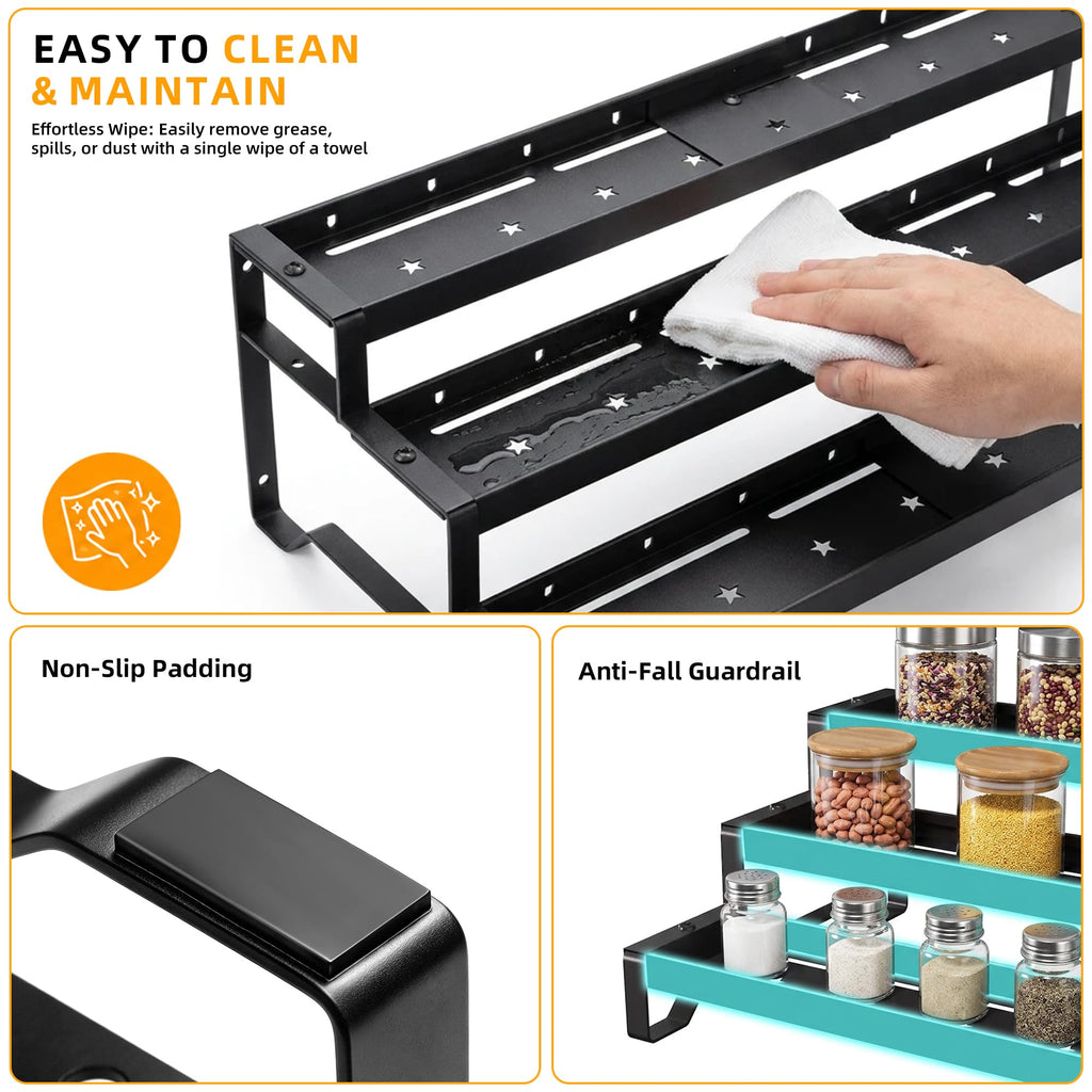 Expandable Spice Rack Organizer for Cabinet, 3-Tier Metal Shelf