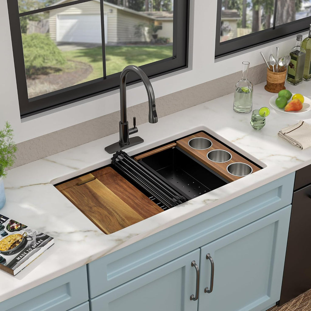 30" x 19" Undermount Matte Black Workstation Kitchen Sink | 16 Gauge T304 Stainless Steel Single Bowl Sink with