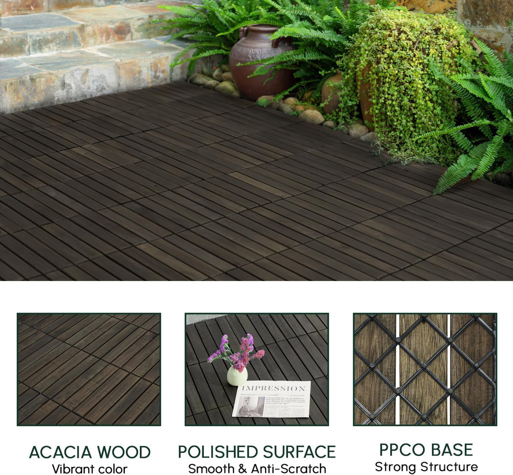 10PCS Interlocking Deck Tiles 12" x 12" - Waterproof Acacia Wood Decking for All Weather Use - Patio, Balcony, Porch