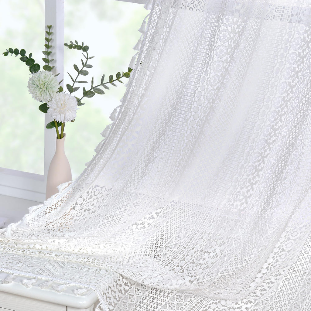 Crochet Boho Lace Sheer Curtains 2 Panels Macrame Farmhouse Vintage Bohemian Window Drapes 59 x 84 Inches Living Room