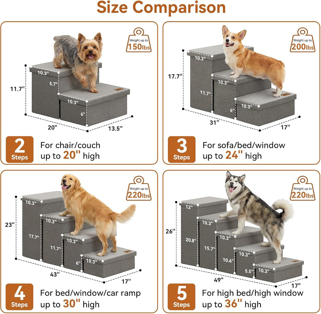 Dog Stairs with Storage, Grey 3 Steps Dog Ramp no Condo for Bed