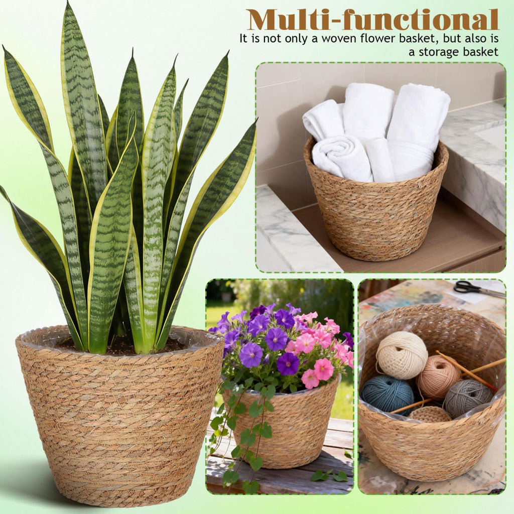 2Pcs Woven Plant Baskets with Liners Round Rattan Seagrass Planter