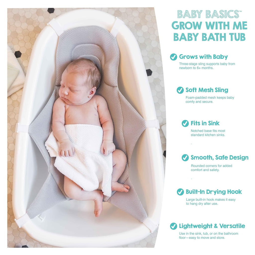 Baby Basics in-1 Grow with Me Baby Bathtub with Foam Padded Air Mesh Sling, Adjustable Infant Bath Tub for Newborn