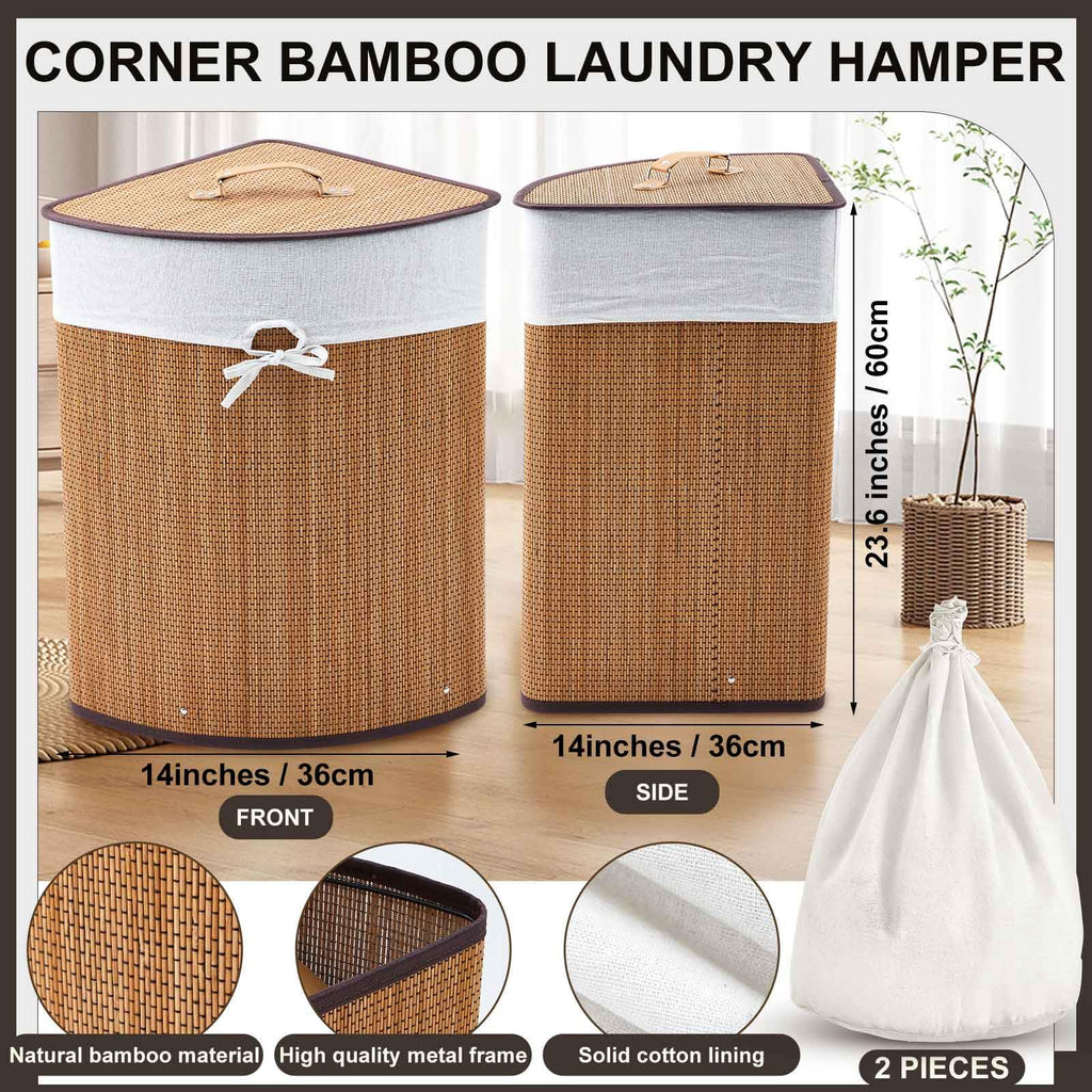 Corner Bamboo Laundry Hamper with Lid, Natural Brown, Woven