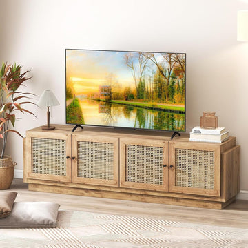 Farmhouse TV Stand for TVs up to 75", 4-Door PE Rattan Entertainment Center w/ 2 Cabinets, Adjustable Shelves, 8