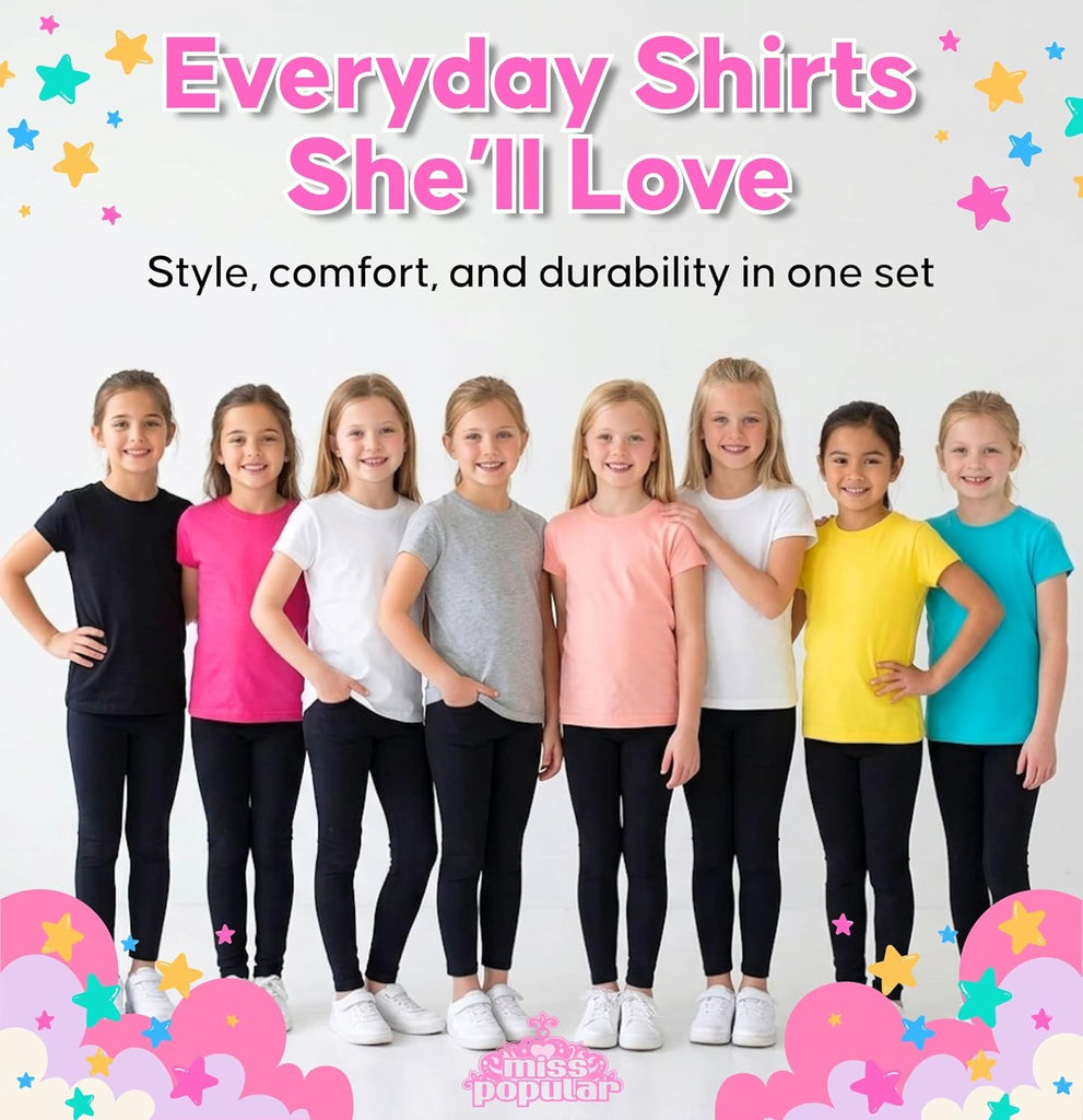 Girls' Pack Super Soft Polycotton Short Sleeve Crew Neck T Shirts, Assorted Color Solid Tees
