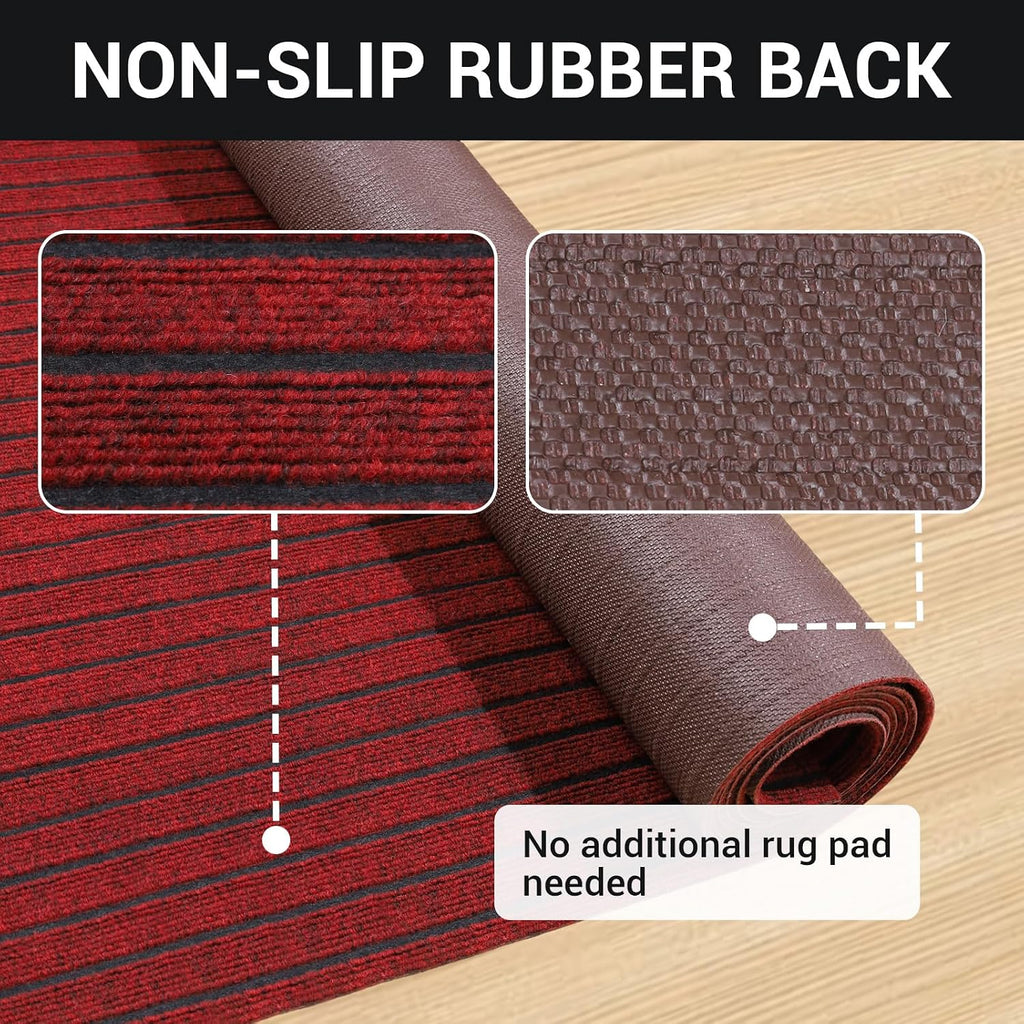 Stripe Runner Rug 2 x 6 ft Indoor Outdoor, Burgundy Non Slip Rubber Backing, Waterproof Low Profile Area Runner