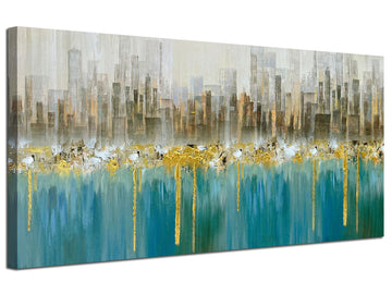 Teal Abstract Cityscape Canvas Wall Art Modern Skyline Gold Textured Painting, Grey Buildings Large Size 40"x20"