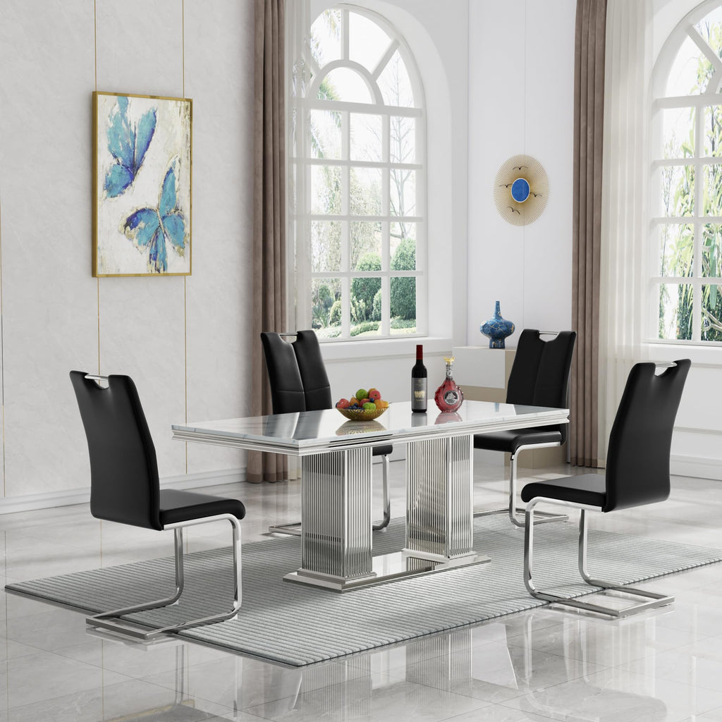 68'' Modern Faux Marble Dining Table for 4, Dual Pillar Silver Stainless Steel Pedestal, White Kitchen Table for 6