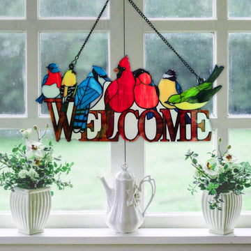 Birds On Branch Stained Glass Suncatcher Cardinal Hummingbird Kingfisher Double Side Glass Panel Window Hanging Decor