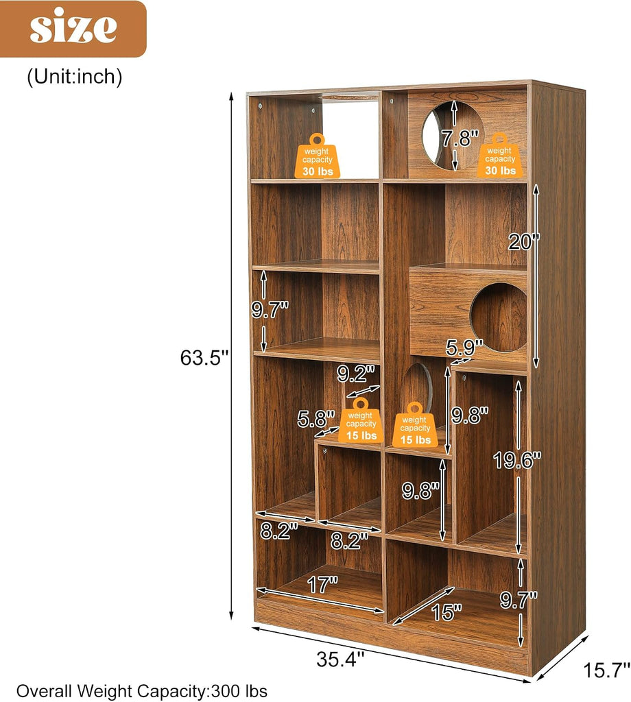 Modern Cat Climbing Bookshelf with Storage Cubes and Hidden Cat Houses, Tall Wooden Cat Tower Organizer with Pass