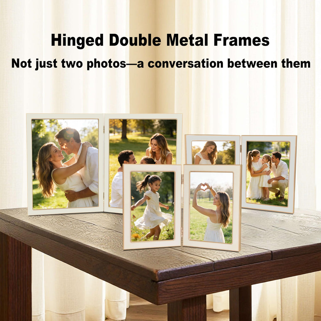 4x6 Double Picture Frame with White Enamel Finish, Gold Edge Metal Hinged Photo Frames, Real Glass Front Velvet Back
