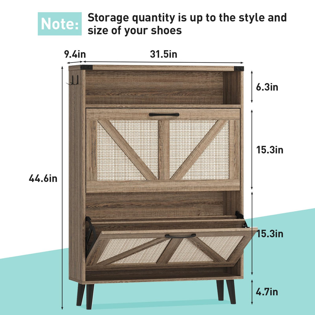 Shoe Storage Cabinet with 2 Flip Drawers, Freestanding Narrow Shoe Organizer with Open Storage, Hidden Slim Shoe Rack