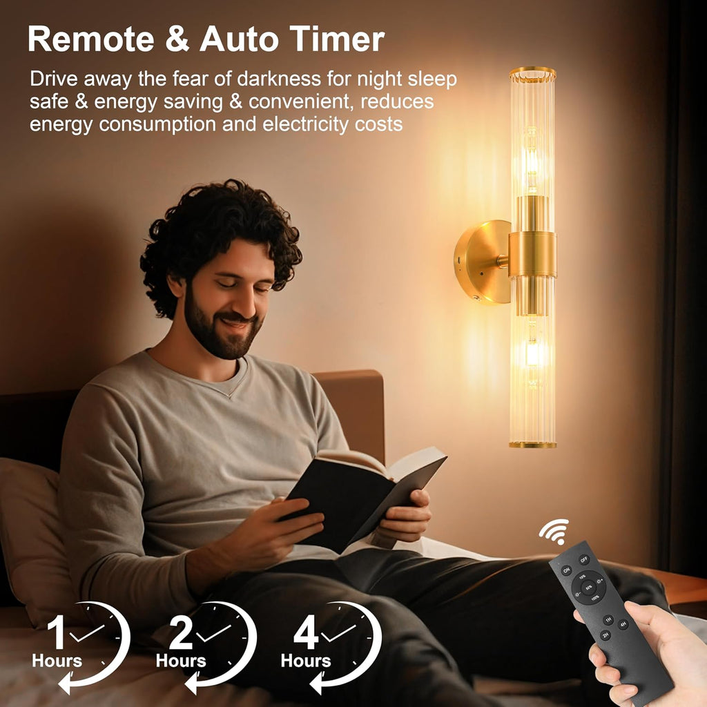 Gold Battery Operated Wall Sconces Set of Two, Rechargeable Wall Sconce with Dimmable Remote Control, 20 Inch