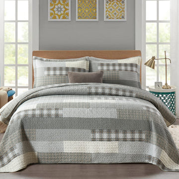 Quilt - 100% Cotton Grey Quilt Farmhouse Plaid Quilted Bedspread, 3 Pieces Lightweight Reversible