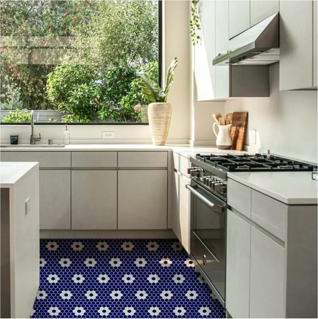 Hexagon Glossy Cobalt Blue with White Flower Pattern Porcelain Mosaic Tile - Wall & Floor Tile for Backsplash