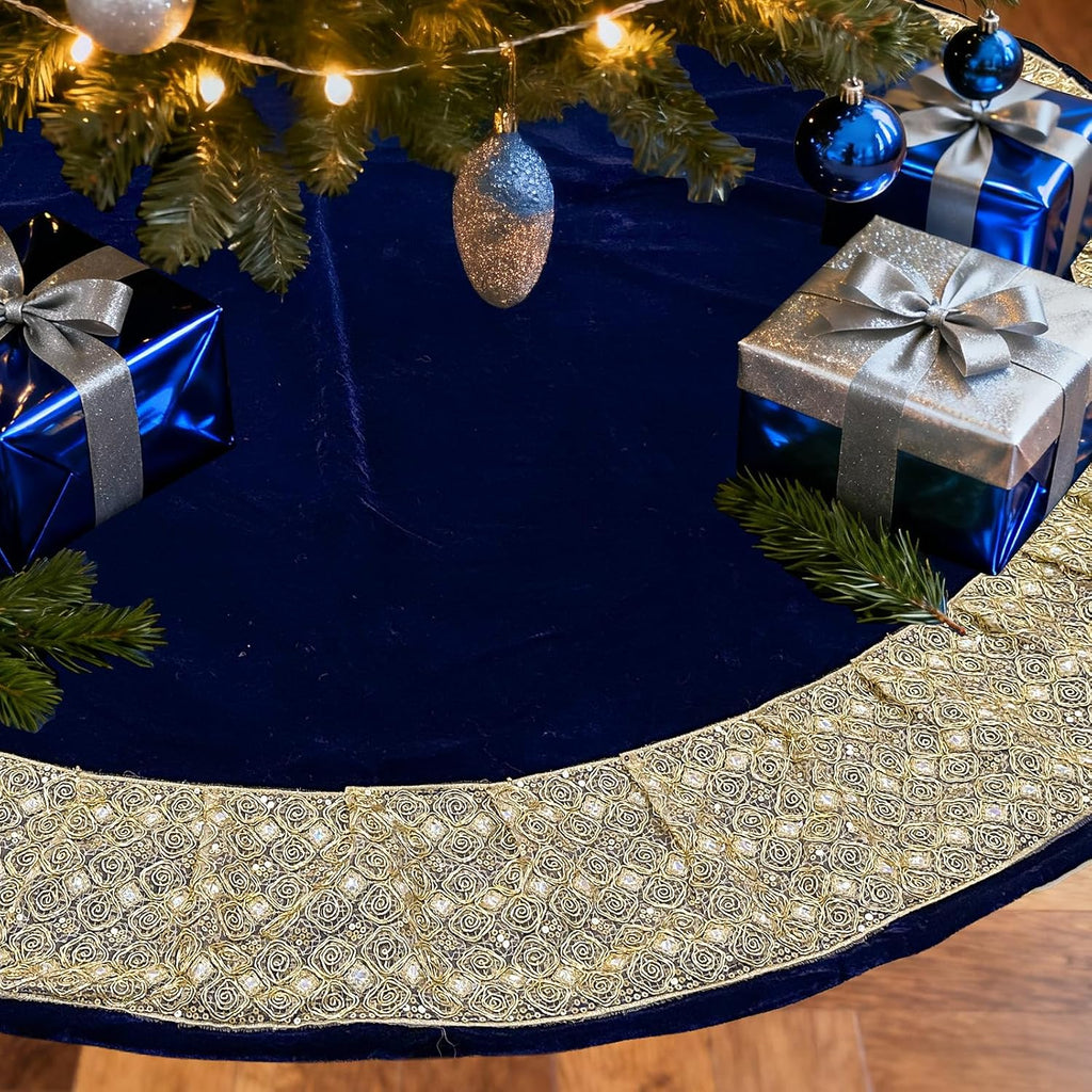 72Inch Christmas Tree Skirt, Extra Large Velvet Tree Base Cover with Gold Glitter Trim and Bow, Big Tree Skirt for