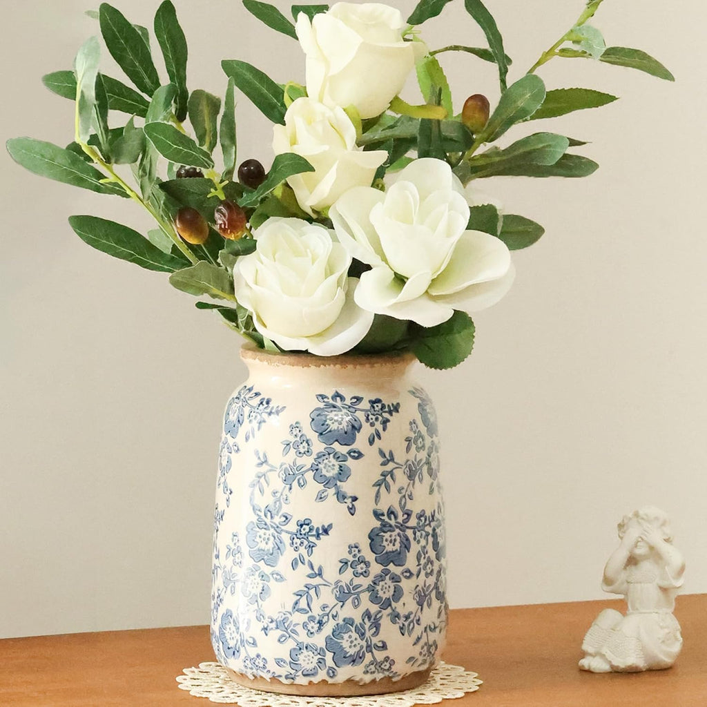 Vintage Blue and White Chinoiserie Ceramic Vase, 6.9" Hand-Painted Peony Floral Design, Antique Style Vases