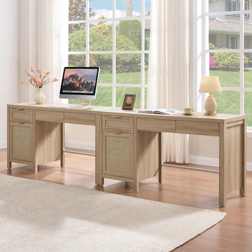 Office Computer Desk with 6 Drawers - Rattan Writing Desk with Storage Boho Wood Home Office Desks, Modern Executive