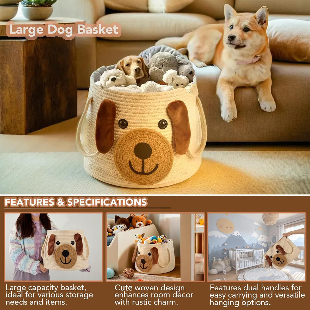 Large Dog Woven Basket with Handles - Toy Storage Bin, Baby Gift & Animal Nursery & Cute Laundry Basket, for Clothes