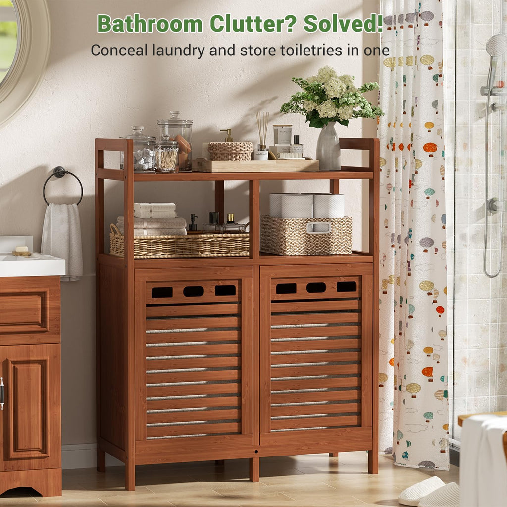 Bamboo Double Tilt Out Laundry Hamper Cabinet with 2 Bags, Walnut