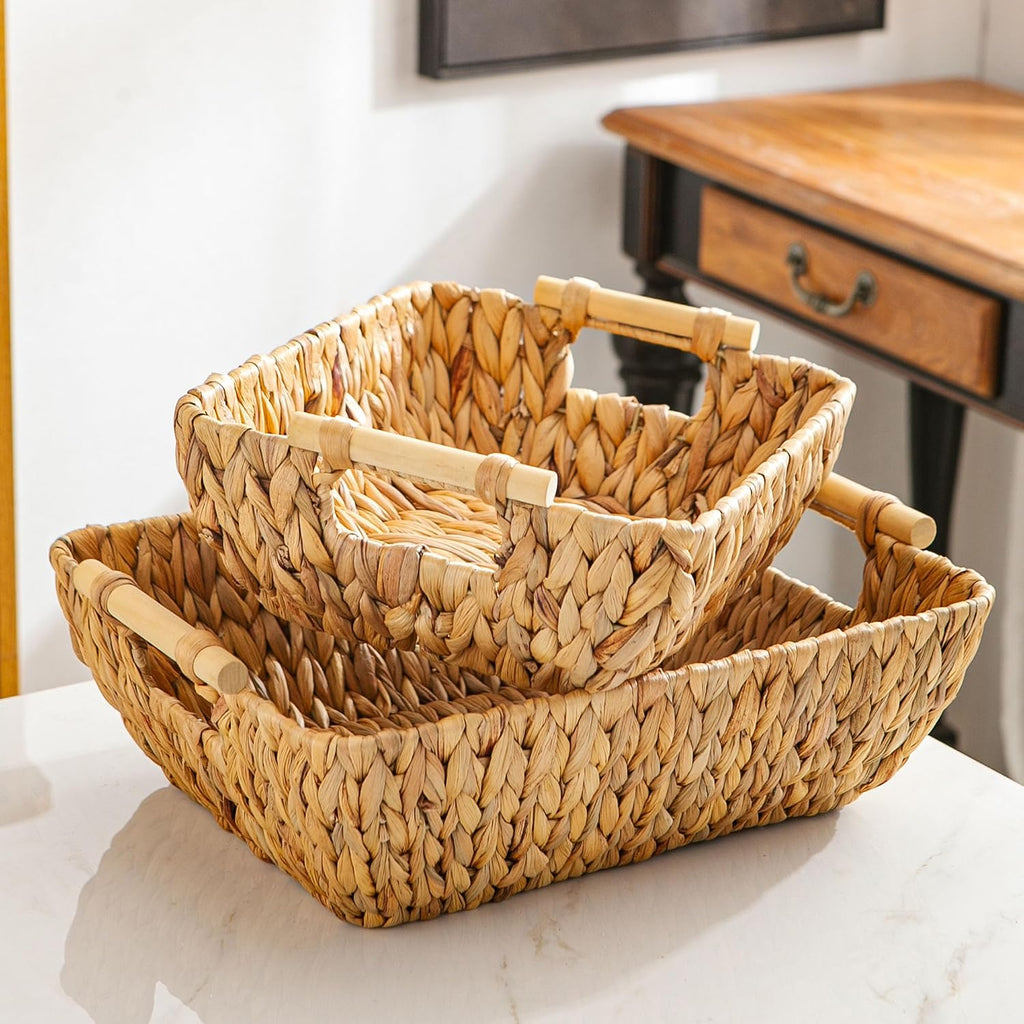 Woven Storage Baskets - Set of 3 Handwoven Water Hyacinth Wicker Baskets with Wooden Handles for Organizing