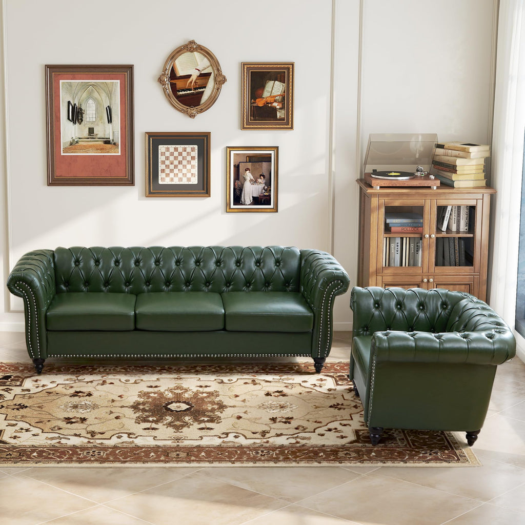 Chesterfield Sofa, 3 Seater Tufted Couch, Classic Button Tufted Upholstered Sofa, Modern Mid-Century PU Leather Sofa