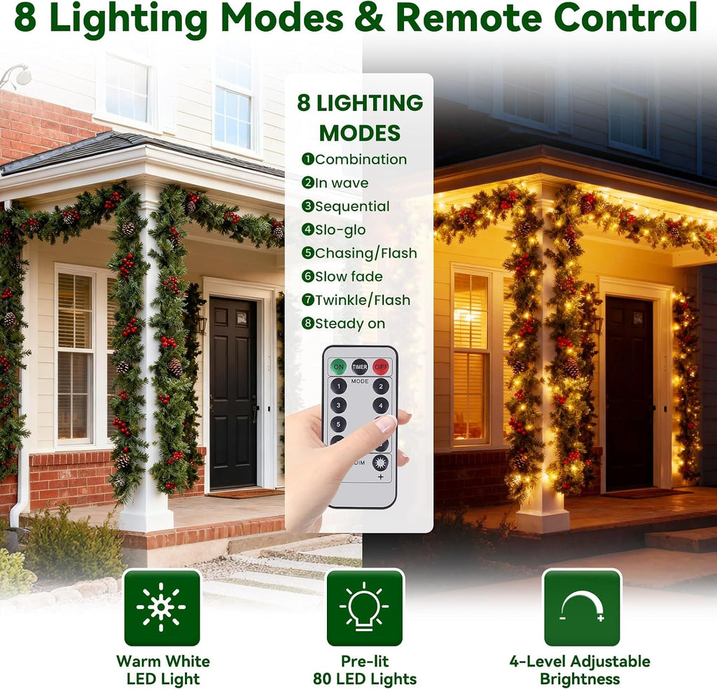 Prelit Christmas Garland with Lights 9FT 80LED Christmas Wreath Lights with Timer by Battery Operated Artificial