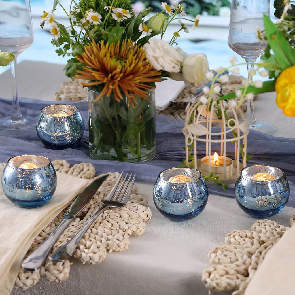 Round Blue Votive Candle Holder Set of 12, Mercury Glass Votives