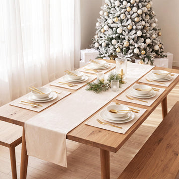 7 Pcs Velvet Christmas Table Runner and Placemat, Cream