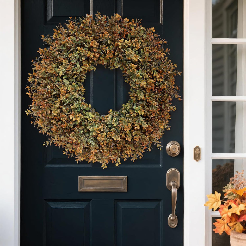26''Large Artificial Fall Boxwood Wreath for Front Door Decor(Orange-Green)