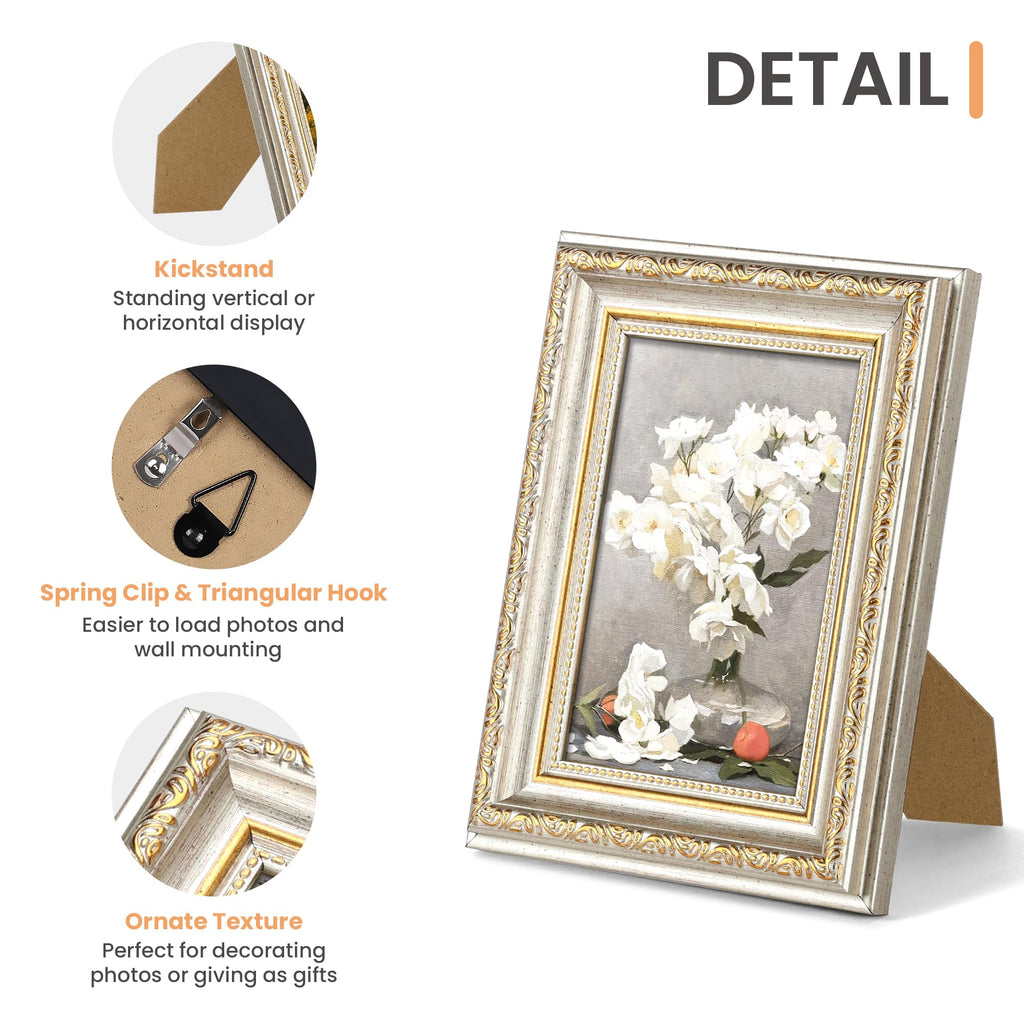Vintage 5x7 Picture Frame, Antique White and Gold Frames, 2 Pack