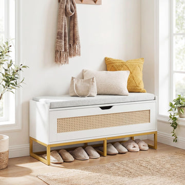 Rattan Shoe Bench, Flip-Top Entryway Bench with Removable Padded Seat & Hidden Storage, Wooden Shoe Storage Chest