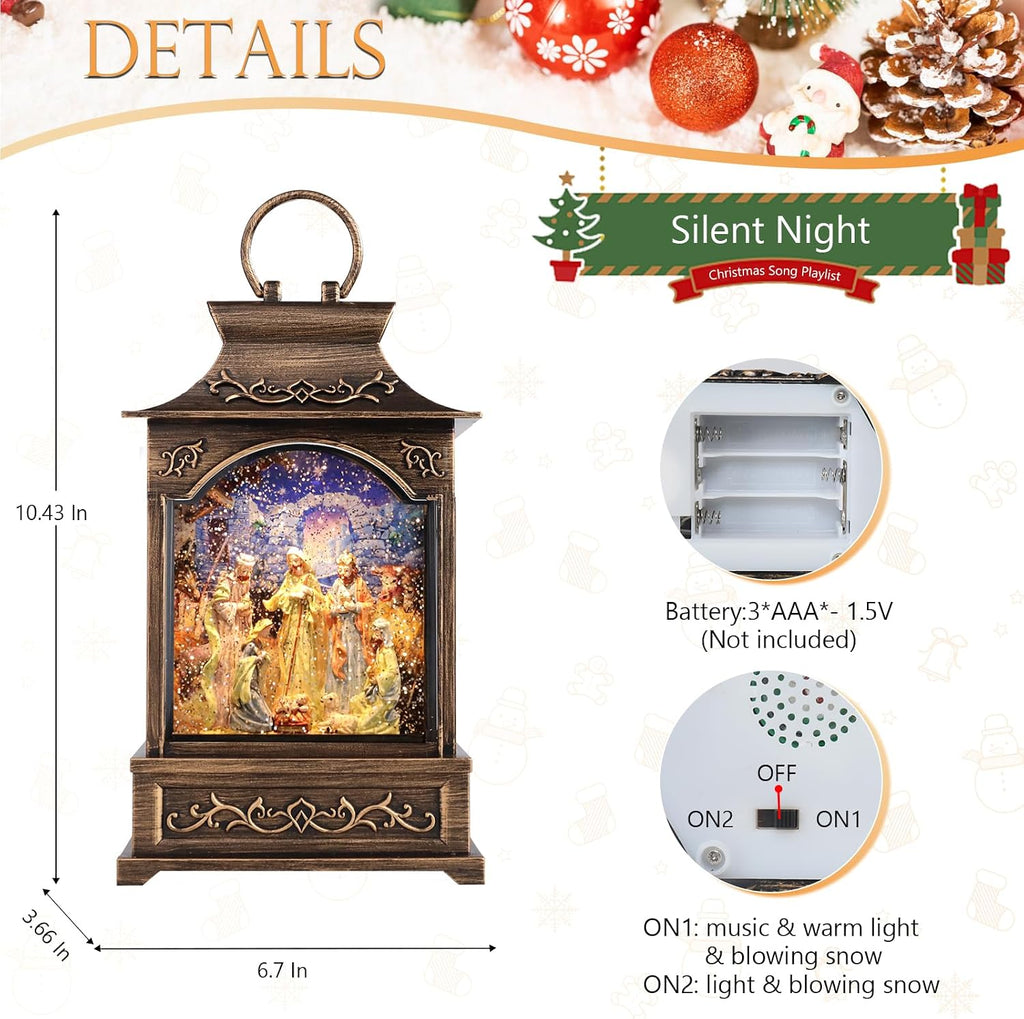 Christmas Nativity Snow Globe Lantern Musical Swirling Glitter Light