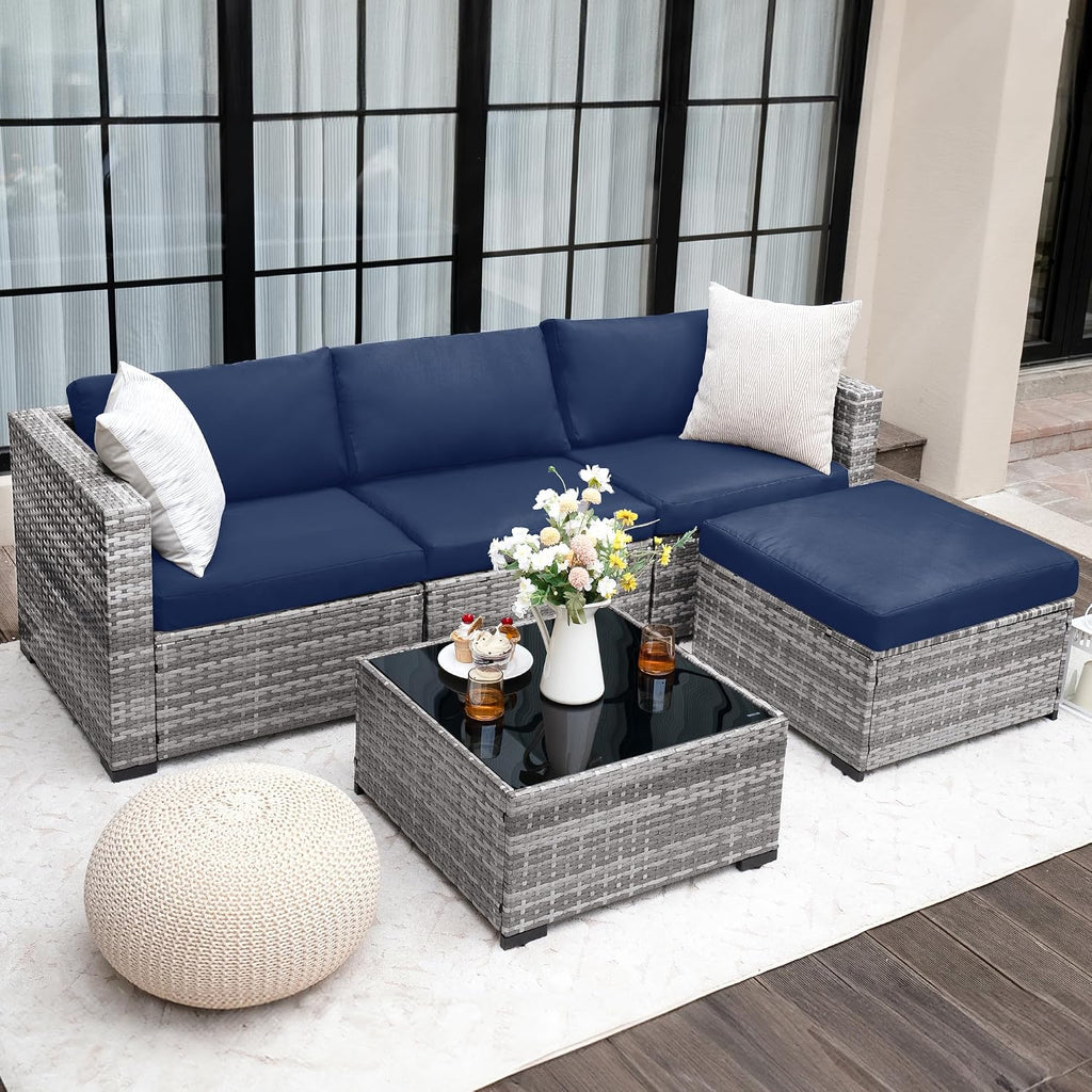 5 Piece L Shaped Outdoor Couch, Small Space Patio Furniture Set,Blue | Outdoor Sectional Sofa, All-Weather Wicker