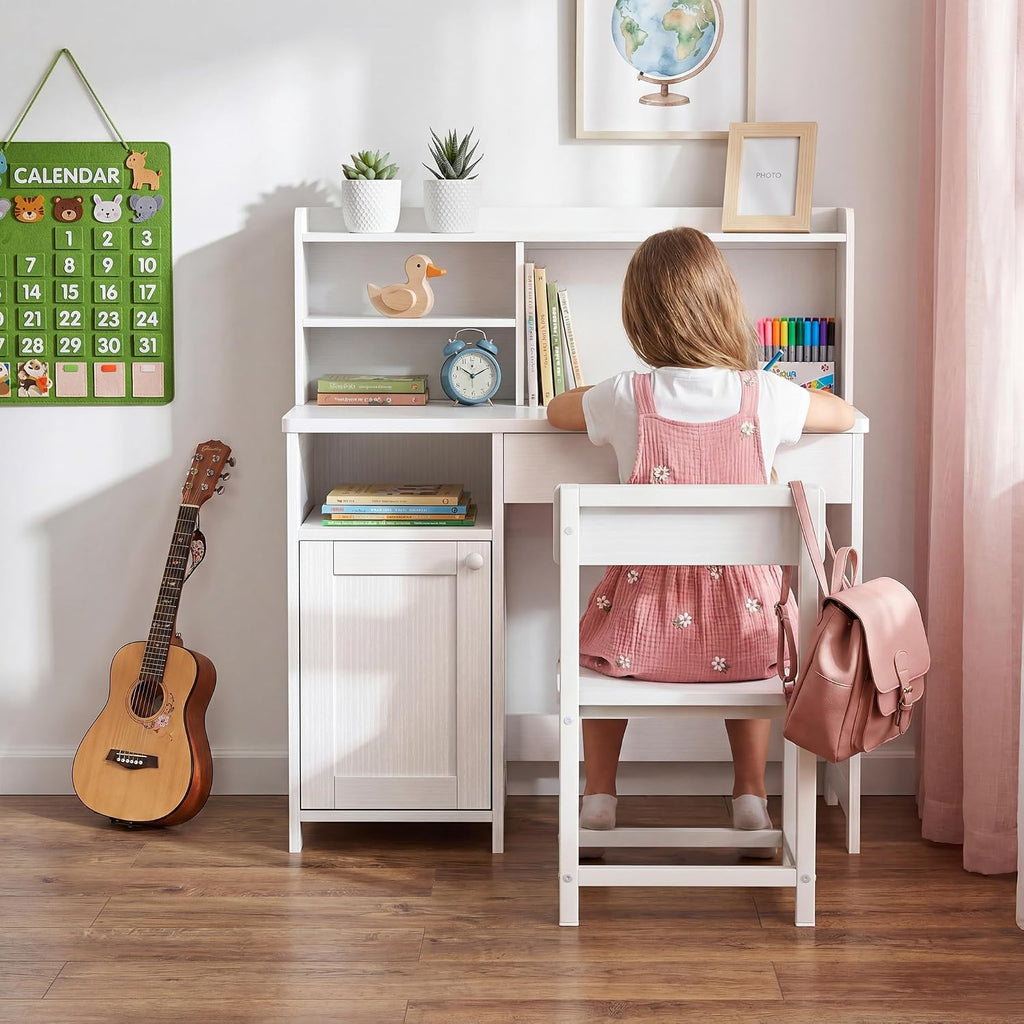 Wooden Kids Desk with Storage,White Kids Desk and Chair Set for 8-10 Year Old, Children Study Desk with Drawer
